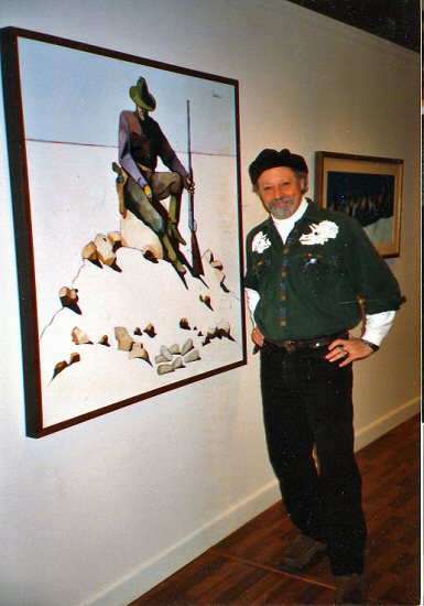 Artist Thom Ross with "Roy Chapman Andrews and the Dinosaur Eggs" from the " Explore Art!" show in Beloit